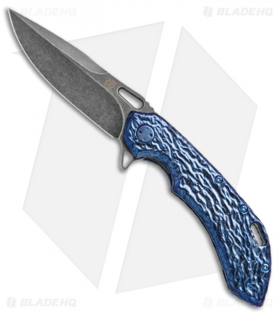 Olamic Wayfarer 247 Knife "Molten" Carved Blue Titanium (3.5" M390 Black SW)