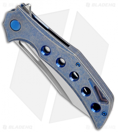 Olamic Cutlery Swish Flipper Frame Lock Knife Blue SW Holes Ti (3.75" Satin)