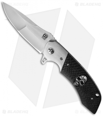 Olamic Cutlery Wayfarer Flipper Knife CF/Zinc Skull (4" Compound) W835