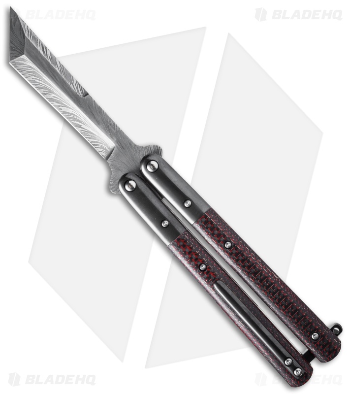 Sam Eddleman Tanto Balisong Butterfly Knife Red CF/Zirc (4.25" Damascus)