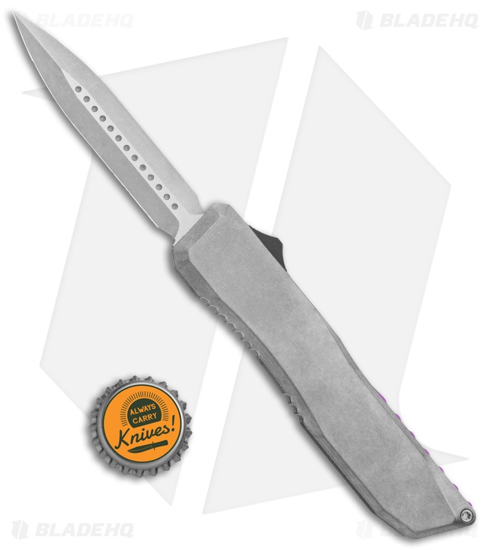 EOS Harpoon OTF Auto Knife Gray Ti./Black Al. Purple Spacer (3.7" Stonewash)