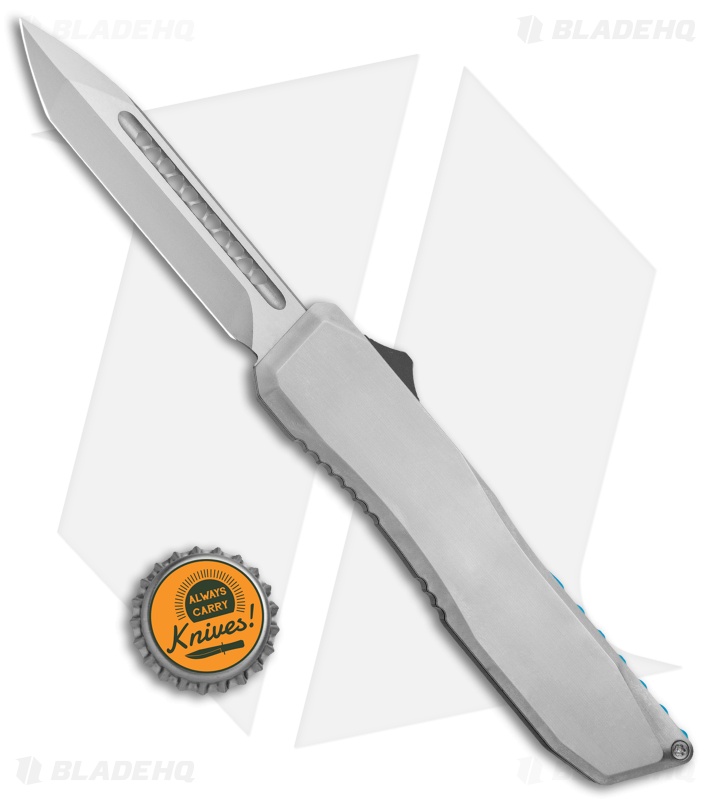 EOS Harpoon OTF Auto Tanto Knife Gray Ti./Black Al. Blue Spacer (3.75" Two-Tone)