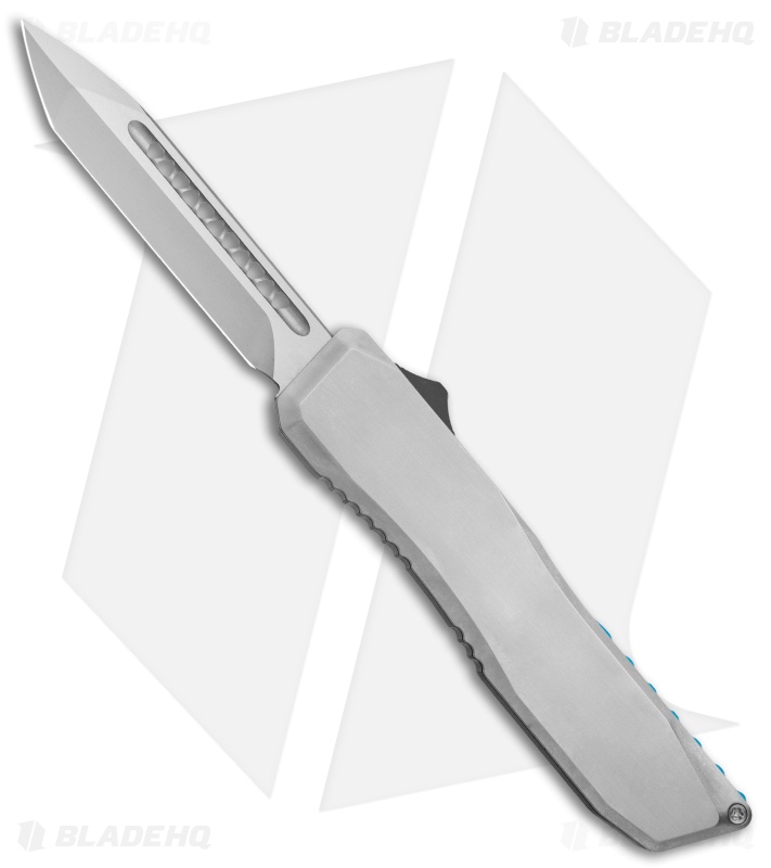 EOS Harpoon OTF Auto Tanto Knife Gray Ti./Black Al. Blue Spacer (3.75" Two-Tone)