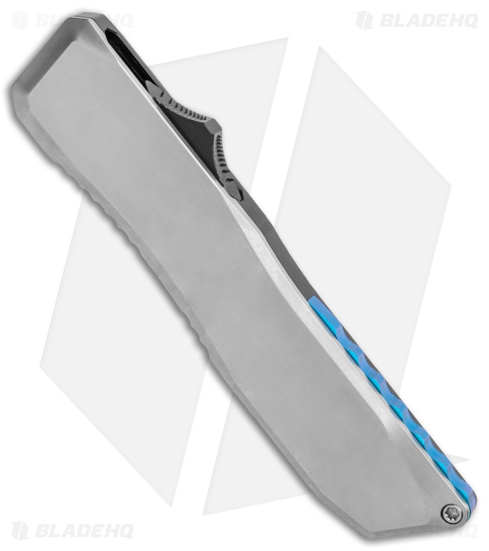 EOS Harpoon OTF Auto Tanto Knife Gray Ti./Black Al. Blue Spacer (3.75" Two-Tone)