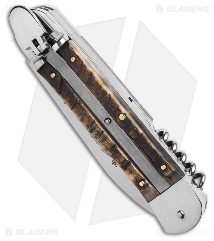 Hubertus 7.75" Large Horn Lever Lock Automatic Knife (3.4" Satin)