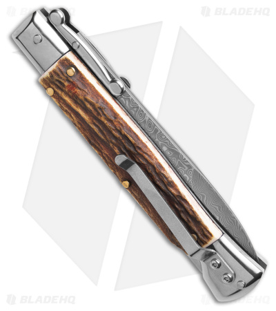 Italian Style Stiletto Swinguard Automatic Knife Stag Horn w/Clip (4" Damascus)