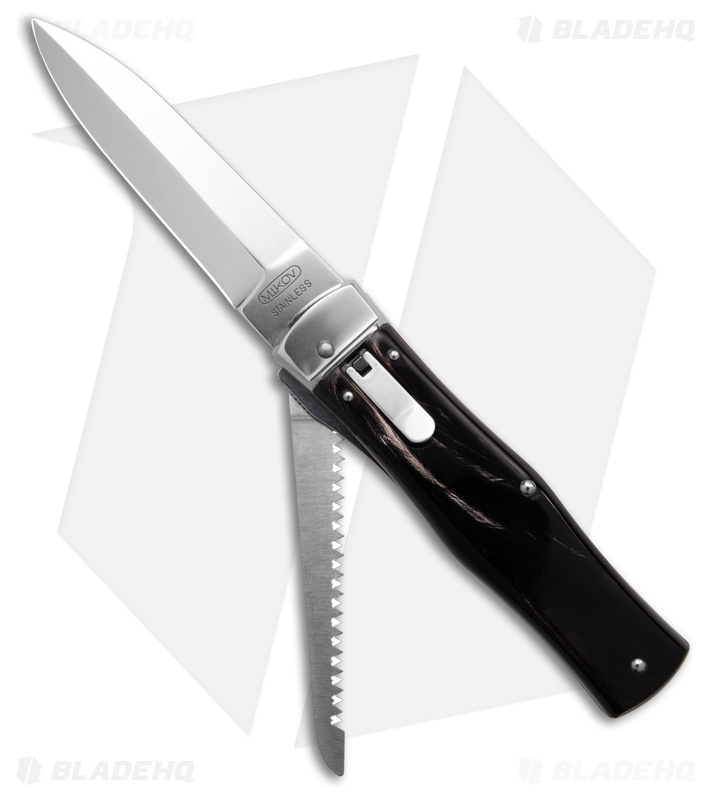 Mikov 241 Predator Lever Lock Auto Knife w/ Saw & Clip Dark Horn (3.75" Polish)