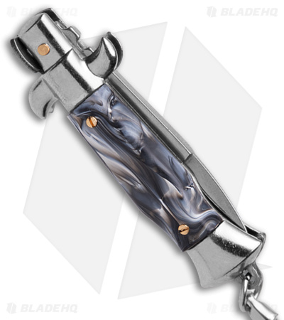 SKM 4" Keychain Stiletto Automatic Knife Gray Acrylic (1.6" Satin Bayo)