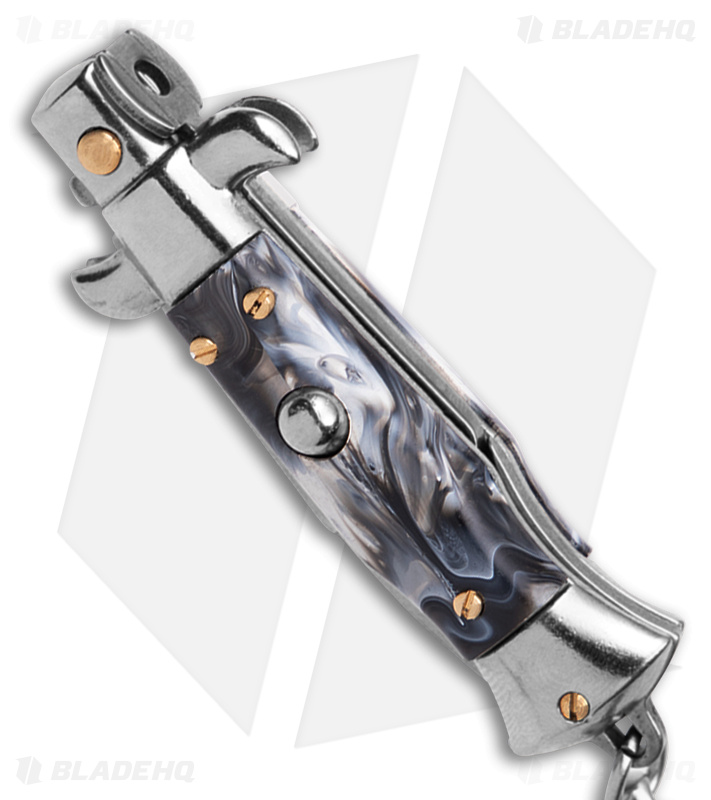 SKM 4" Keychain Stiletto Automatic Knife Gray Acrylic (1.6" Satin Bayo)