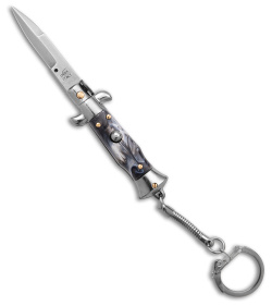 SKM 4" Keychain Stiletto Automatic Knife Gray Acrylic (1.6" Satin Bayo)