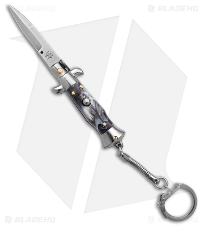 SKM 4" Keychain Stiletto Automatic Knife Gray Acrylic (1.6" Satin Bayo)