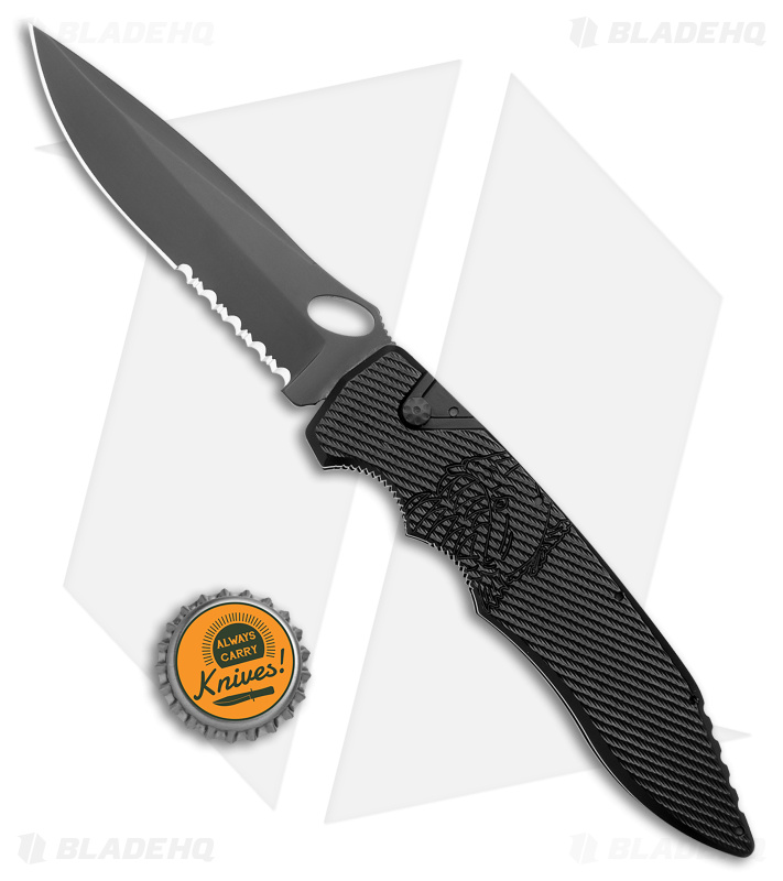 Piranha Predator Automatic Knife Black Tactical (4.1" Black Serr)