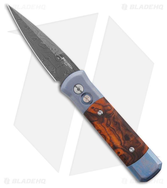 Pro-Tech Godson Automatic Knife Brown Titanium/Blue Wood (3.2" Damascus)