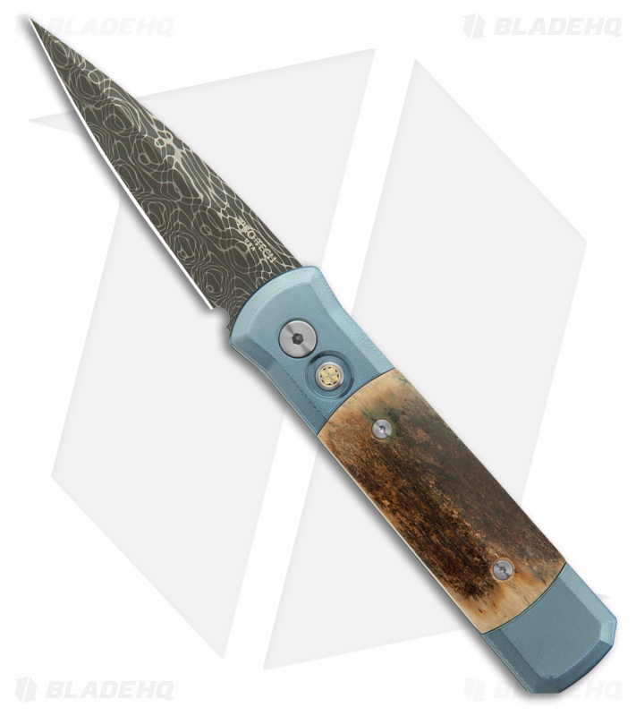 Pro-Tech Godson Custom Auto Knife NYCKS Blue Titanium/Bone (3.2" Damascus)