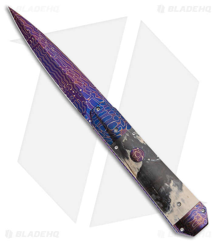 Rainy Vallotton Custom Medium Coffin Dagger Auto Knife Mammoth (4.125" Damascus)