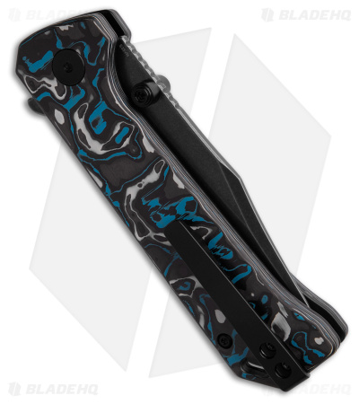 QSP Grebe Button Lock Knife Blue Carbon Fiber (3.25" Black SW S35VN) QS147-H2