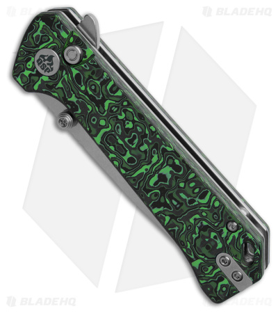 QSP Grebe Button Lock Tanto Knife Green Carbon Fiber (3.25" SW S35VN) QS148-G1