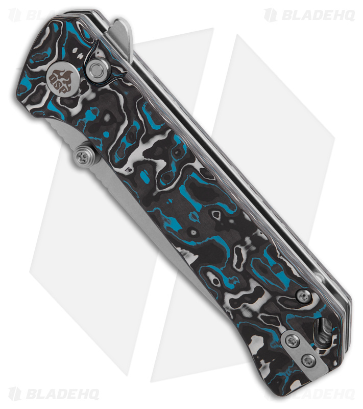 QSP Grebe Button Lock Tanto Knife Blue Carbon Fiber (3.25" SW S35VN) QS148-H1