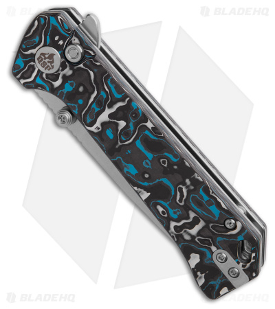 QSP Grebe Button Lock Tanto Knife Blue Carbon Fiber (3.25" SW S35VN) QS148-H1