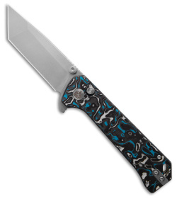 QSP Grebe Button Lock Tanto Knife Blue Carbon Fiber (3.25" SW S35VN) QS148-H1