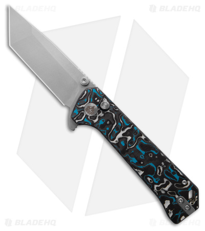 QSP Grebe Button Lock Tanto Knife Blue Carbon Fiber (3.25" SW S35VN) QS148-H1