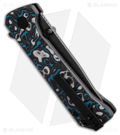 QSP Grebe Button Lock Tanto Knife Blue CF (3.25" Black SW S35VN) QS148-H2
