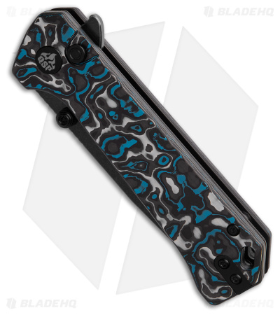 QSP Grebe Button Lock Tanto Knife Blue CF (3.25" Black SW S35VN) QS148-H2