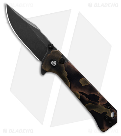 QSP Grebe Button Lock Knife Brown Camo Resin (3.25" Black SW S35VN) QS147-F2