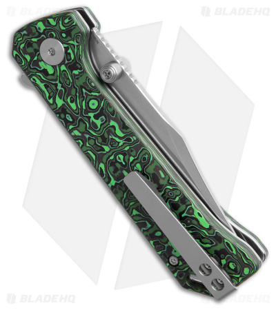 QSP Grebe Button Lock Knife Green Carbon Fiber (3.25" Stonewash S35VN) QS147-G1