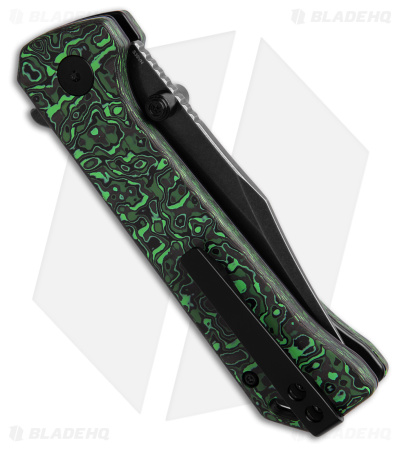 QSP Grebe Button Lock Knife Green Carbon Fiber (3.25" Black SW S35VN) QS147-G2