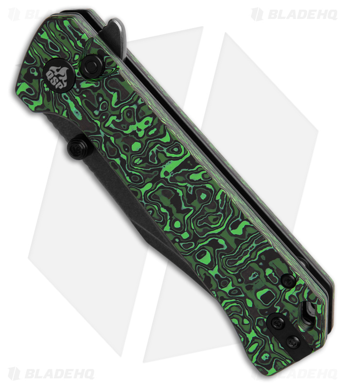 QSP Grebe Button Lock Knife Green Carbon Fiber (3.25" Black SW S35VN) QS147-G2