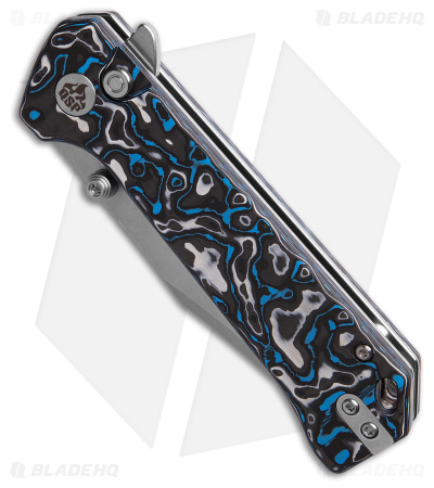QSP Grebe Button Lock Knife Blue Carbon Fiber (3.25" Stonewash S35VN) QS147-H1