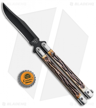 Bear Butterfly Knife w/ Genuine Stag Handle (4" Black Plain ) 517
