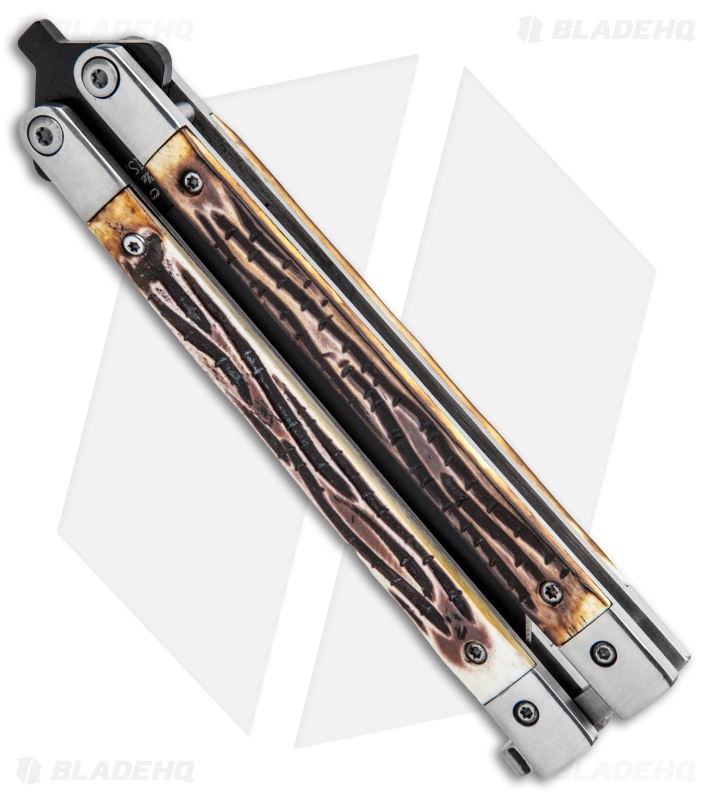 Bear Butterfly Knife w/ Genuine Stag Handle (4" Black Plain ) 517