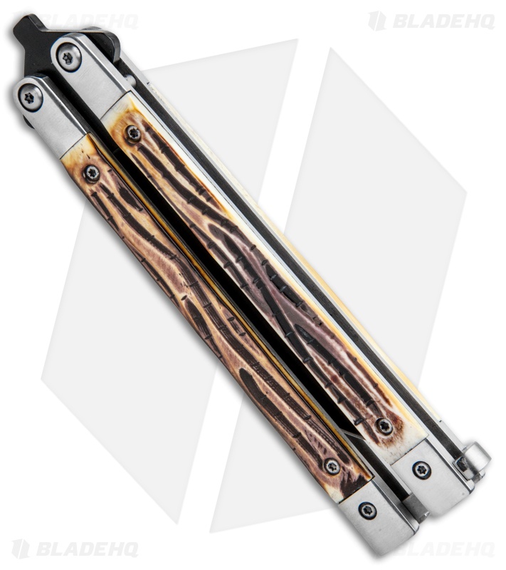 Bear Butterfly Knife w/ Genuine Stag Handle (4" Black Plain ) 517
