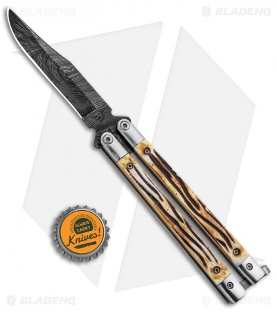 Bear Butterfly Knife w Stag Handle Damascus Blade (4" Plain) 517D