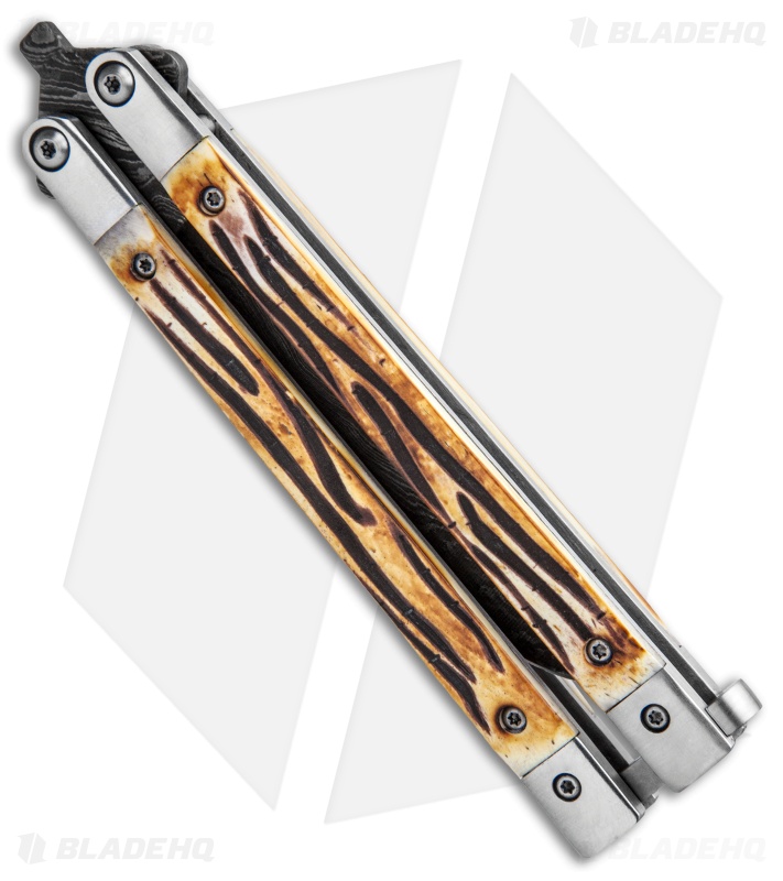 Bear Butterfly Knife w Stag Handle Damascus Blade (4