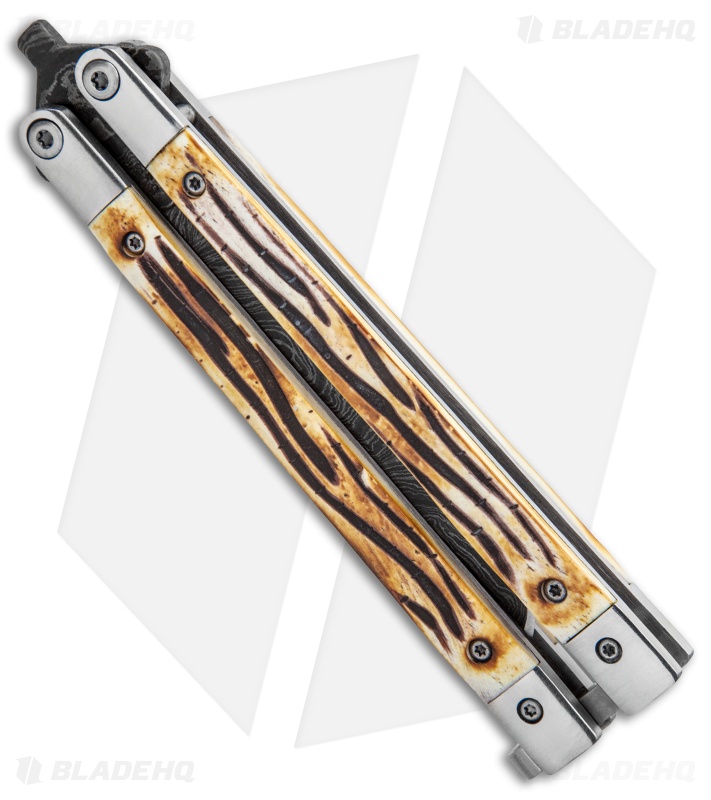 Bear Butterfly Knife w Stag Handle Damascus Blade (4 Bear Butterfly Knife w Stag Handle Damascus Blade (4
