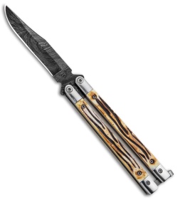 Bear Butterfly Knife w Stag Handle Damascus Blade (4&quot; Plain) 517D | 891