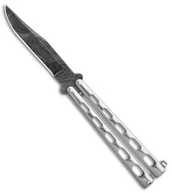 Bear &amp;  Son Clip Point Butterfly Knife Stainless Steel  (4.1&quot; Damascus) SS14D | 98222