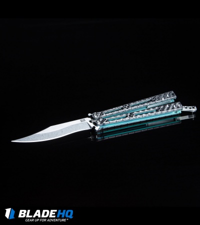 Hom Design Basilisk-R Balisong Butterfly Knife CF w/Teal Liners (4.6" Stonewash)