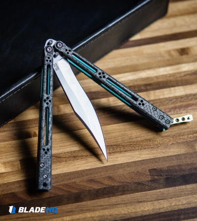 Hom Design Basilisk-R Balisong Butterfly Knife CF w/Teal Liners (4.6" Stonewash)