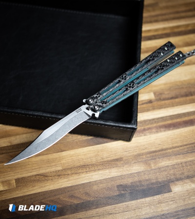Hom Design Basilisk-R Balisong Butterfly Knife CF w/Teal Liners (4.6" Stonewash)