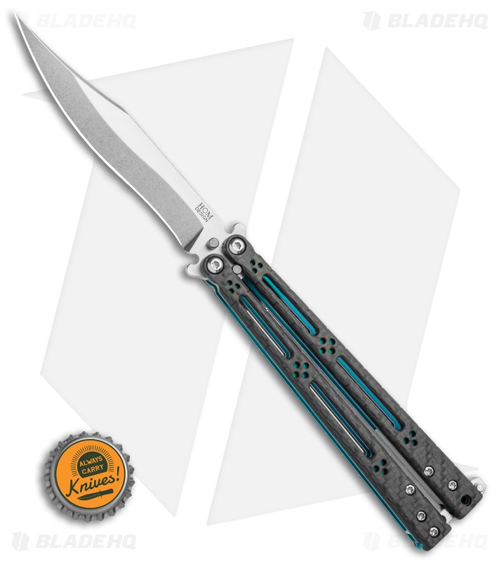 Hom Design Basilisk-R Balisong Butterfly Knife CF w/Teal Liners (4.6" Stonewash)