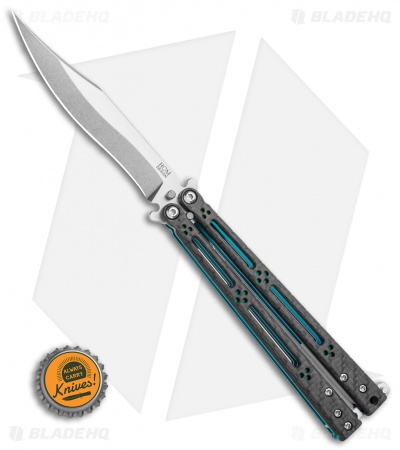 Hom Design Basilisk-R Balisong Butterfly Knife CF w/Teal Liners (4.6" Stonewash)