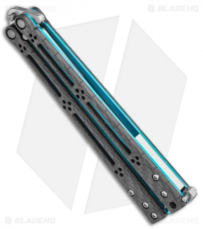Hom Design Basilisk-R Balisong Butterfly Knife CF w/Teal Liners (4.6" Stonewash)