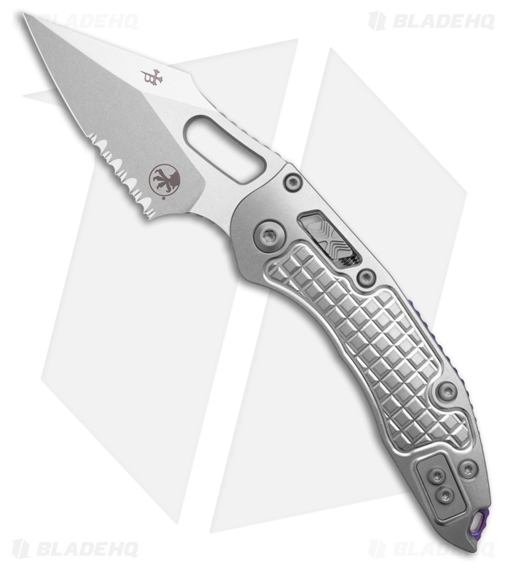 Microtech Stitch Ram-Lok Knife Gray Frag Ti Purple Accents (3.7" Stonewash Serr)
