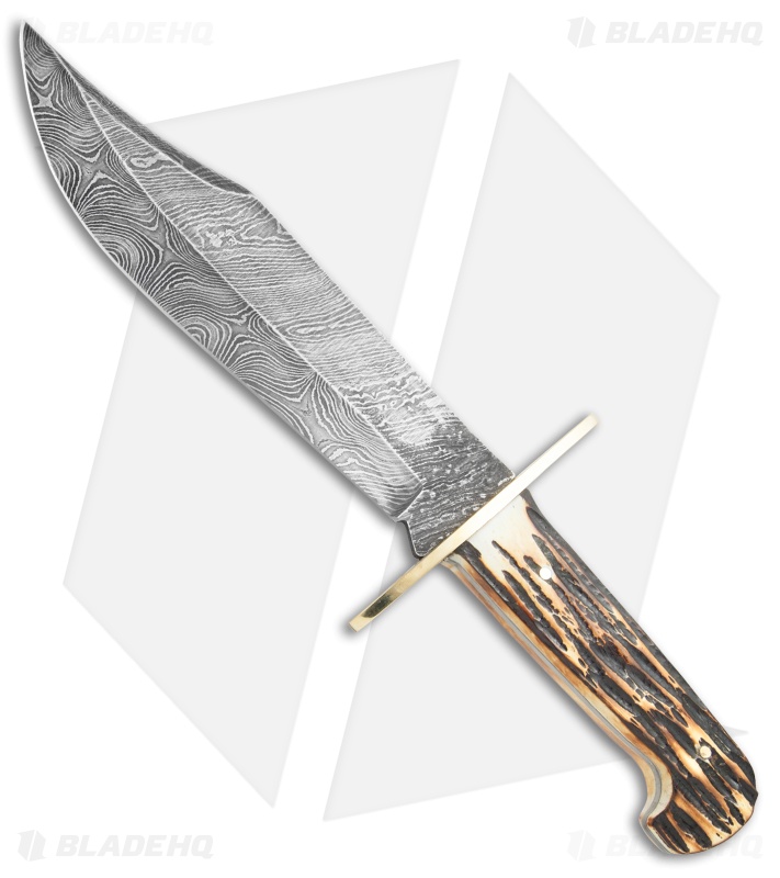 Bear and Son Damascus Bowie Fixed Blade India Stag Bone (7.5" Damascus) 500D3/4