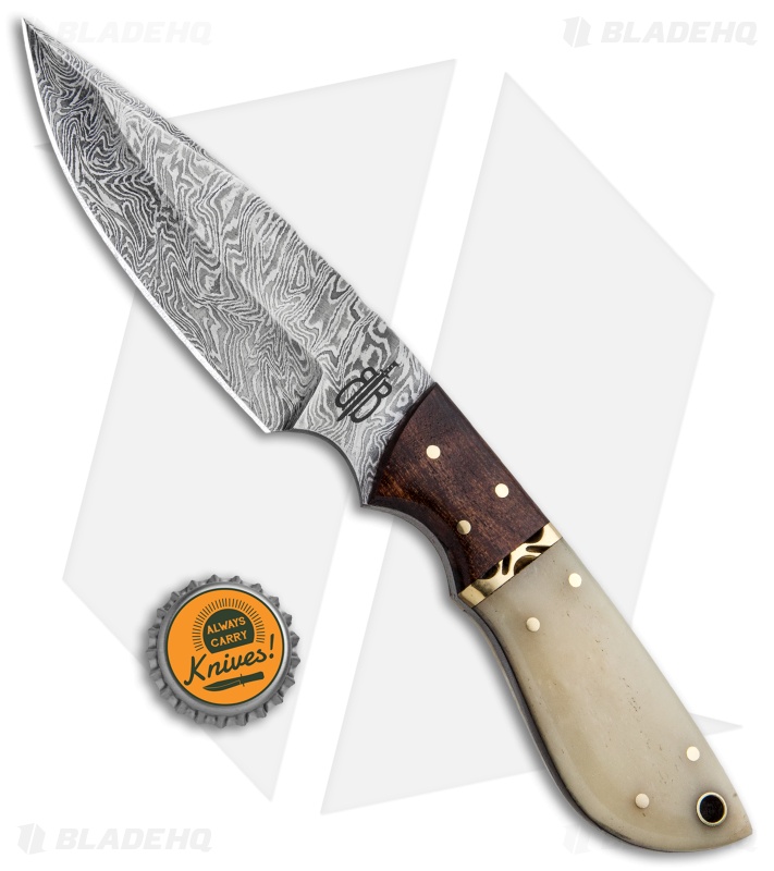Buck N Bear Fixed Blade Knife Bone Handle Wood Bolster (4.5" Damascus)