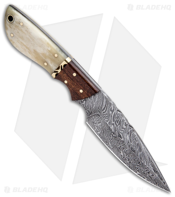 Buck N Bear Fixed Blade Knife Bone Handle Wood Bolster (4.5" Damascus)